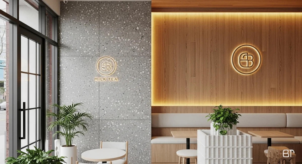 Không gian quán trà sữa hiện đại với tường ốp Terrazzo ấn tượng