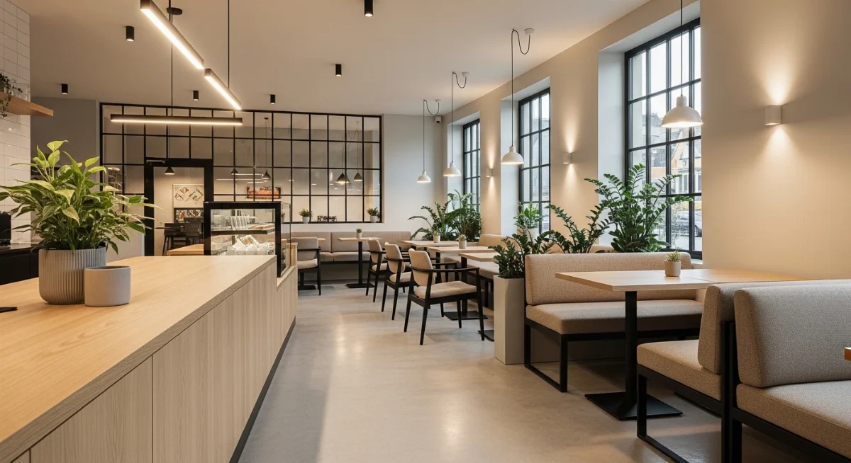 Không gian quán cà phê hiện đại với tông màu trung tính và vật liệu tự nhiên