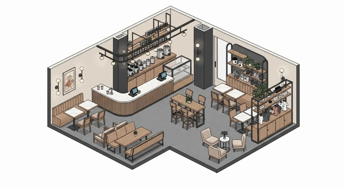 Giải pháp thiết kế quán trà sữa mặt bằng đắt đỏ với phong cách hiện đại và tối giản