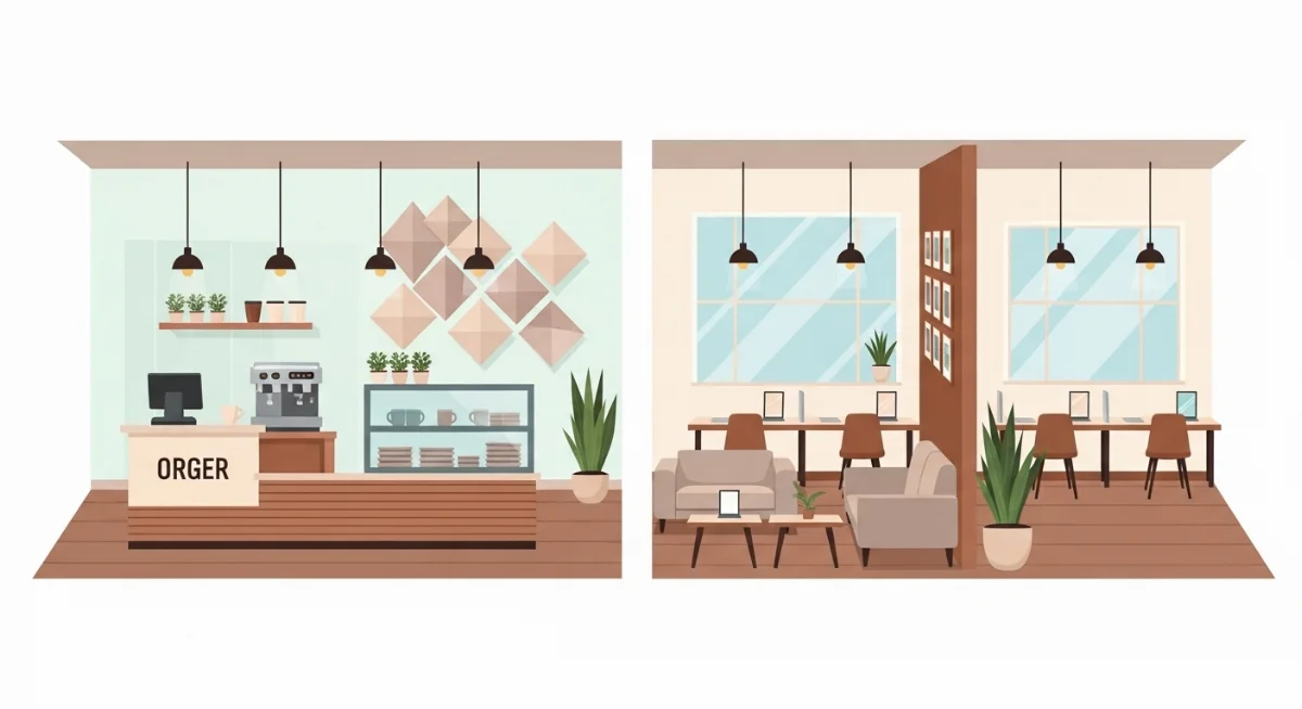 Nội thất quán cafe acoustic với bàn ghế gỗ tối giản và cây xanh trang trí