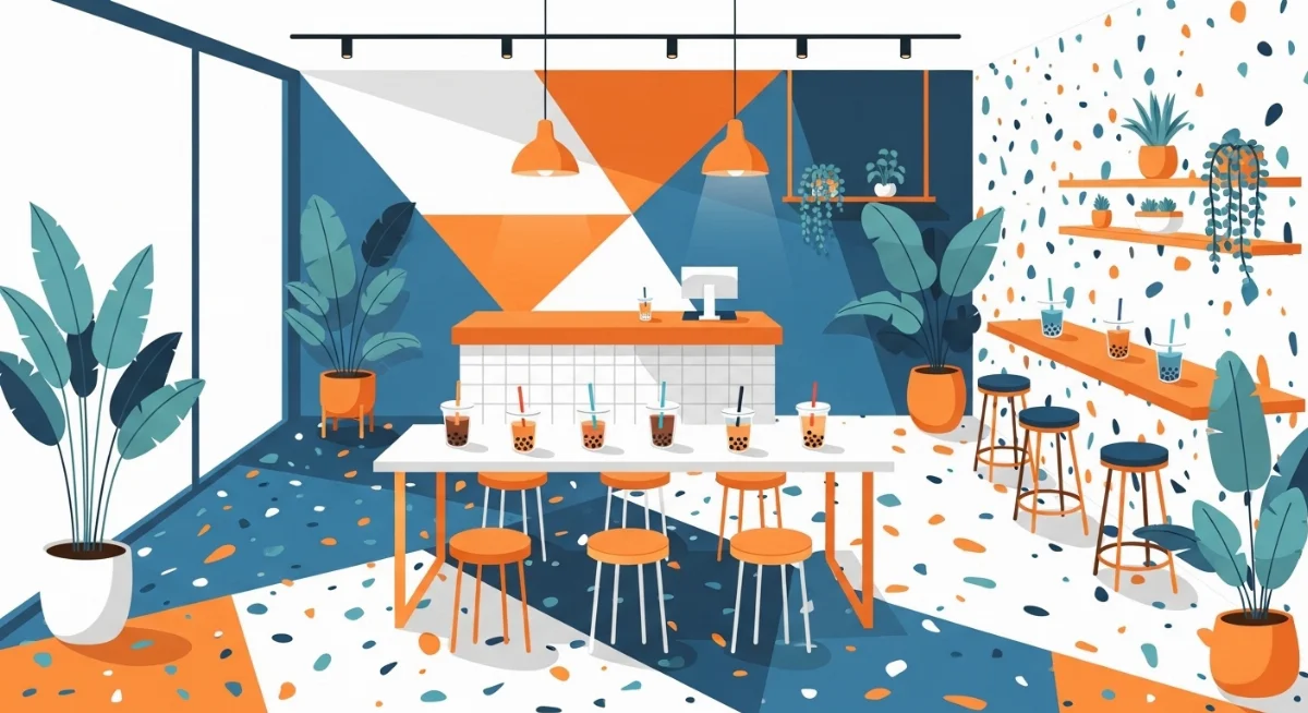 Gạch Terrazzo hạt lớn nhiều màu sắc trên tường quán trà sữa phong cách hiện đại