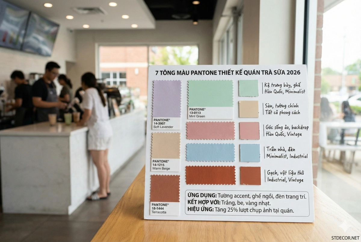 7 tông màu Pantone thiết kế quán trà sữa 2026