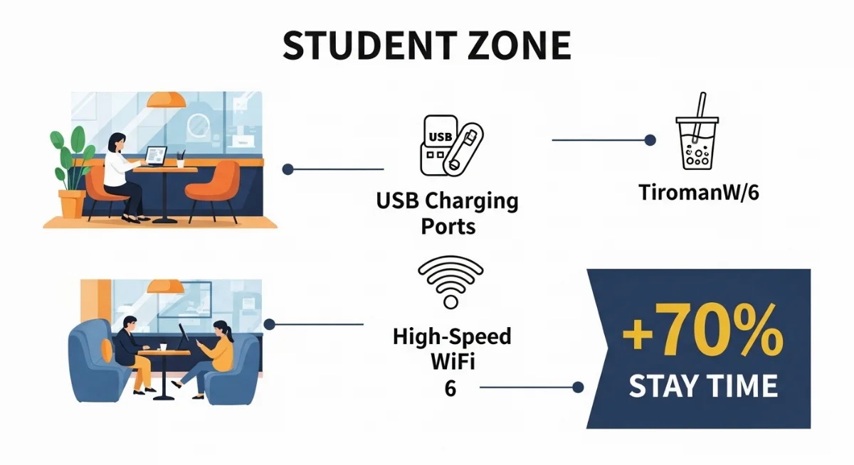 Lợi ích ổ cắm USB và Wifi 6 cho học sinh trong quán trà sữa hiện đại