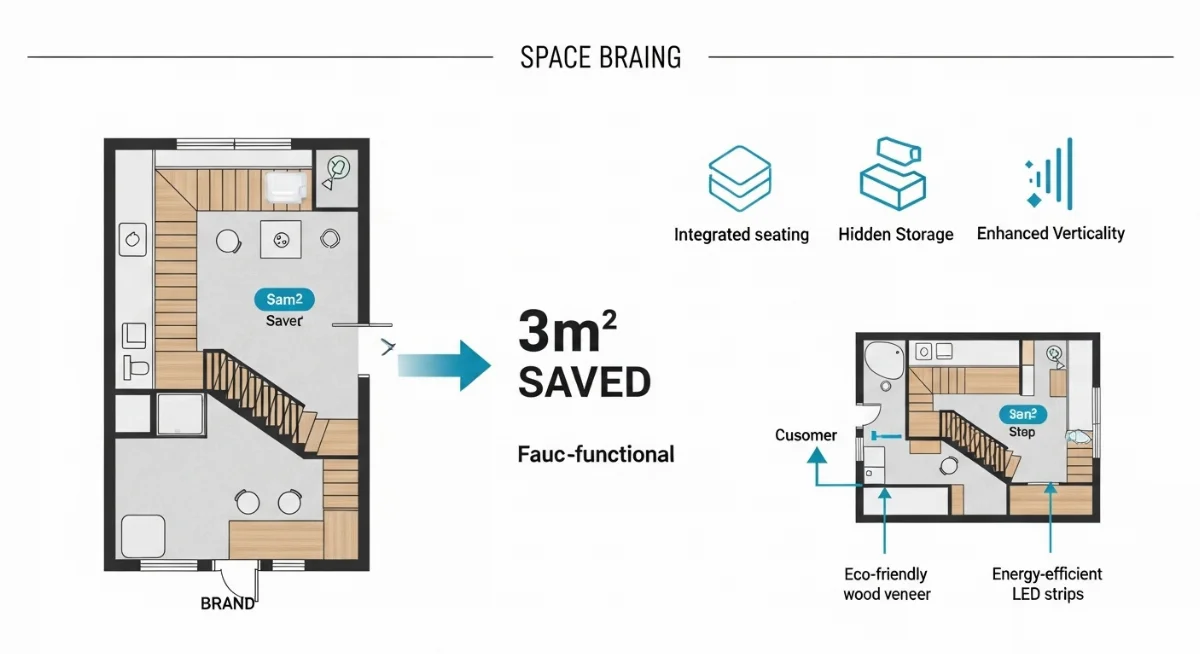 Cầu thang giả tạo bằng gỗ công nghiệp với kệ trang trí tích hợp