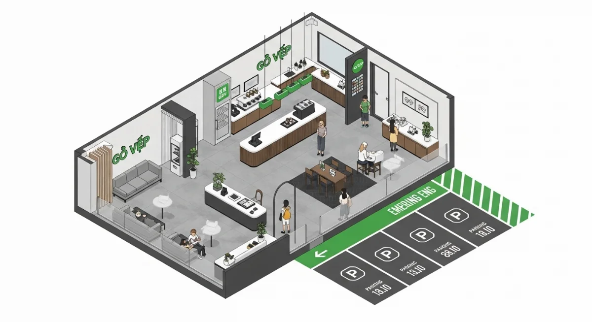 Lối thoát hiểm quán trà sữa Gò Vấp rõ ràng, được chiếu sáng khẩn cấp, đảm bảo an toàn cho khách hàng