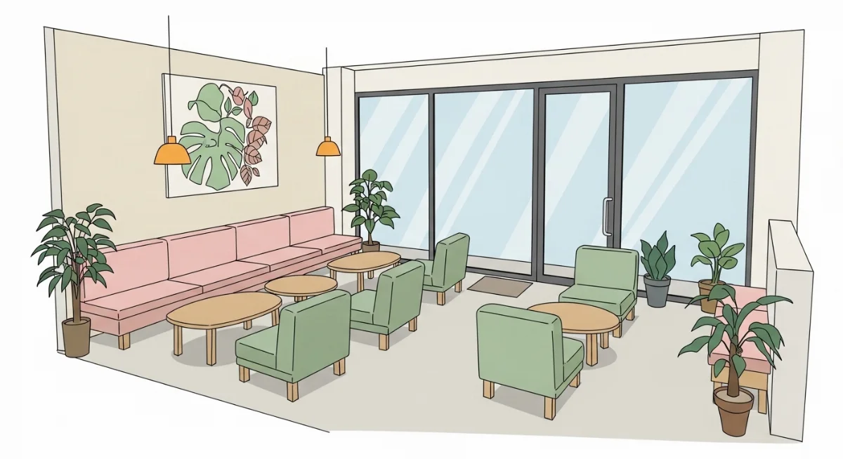 Quán cà phê vintage với ghế sofa bọc nệm và đèn lồng ấm cúng