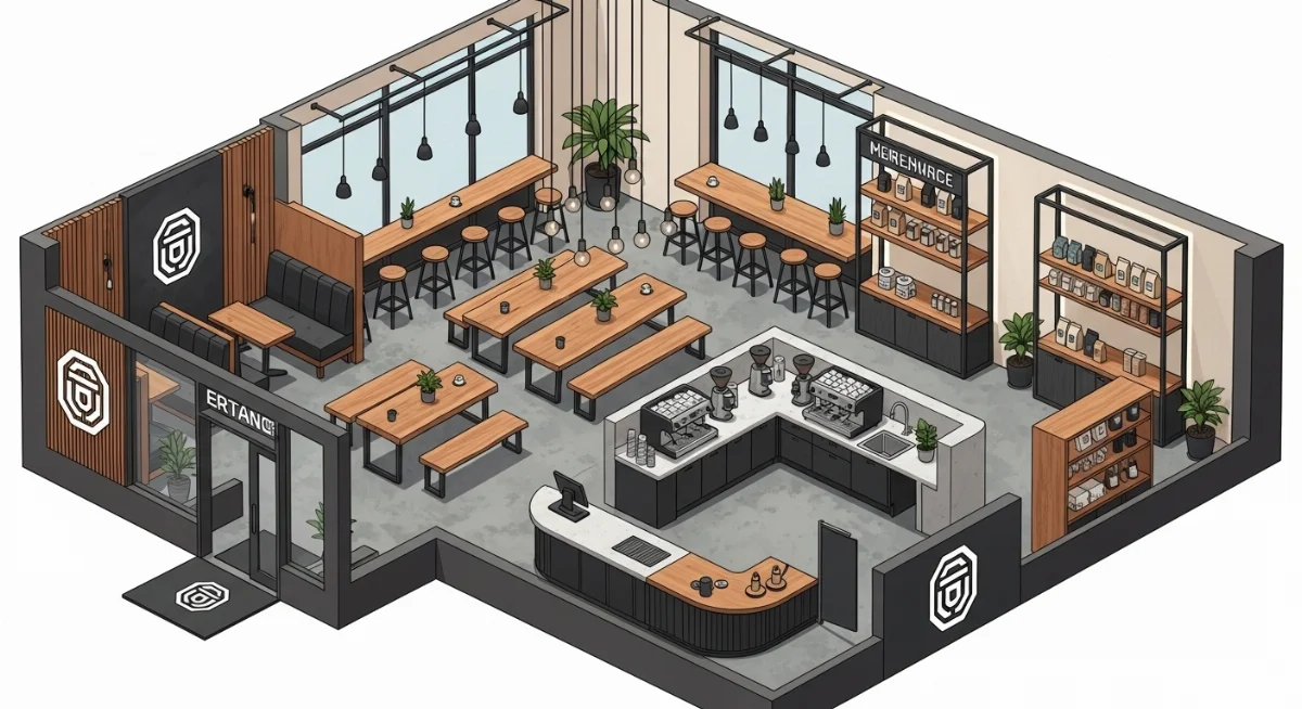 Không gian quán cà phê hiện đại với thiết kế nội thất sang trọng và ánh sáng tinh tế