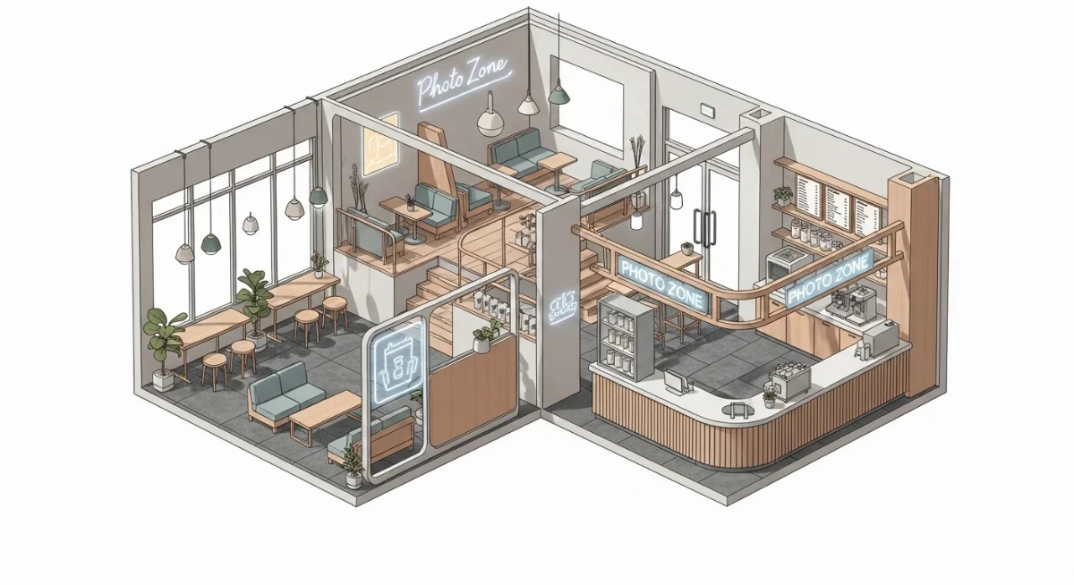 Decor quán cafe Hàn Quốc với cây xanh, gương lớn và đèn trang trí độc đáo