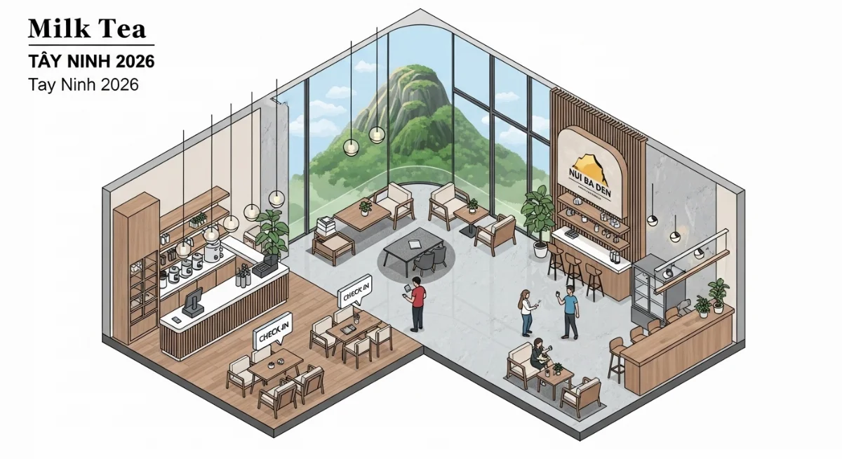 Xu hướng thiết kế quán trà sữa 2026 hiện đại, không gian mở Tây Ninh