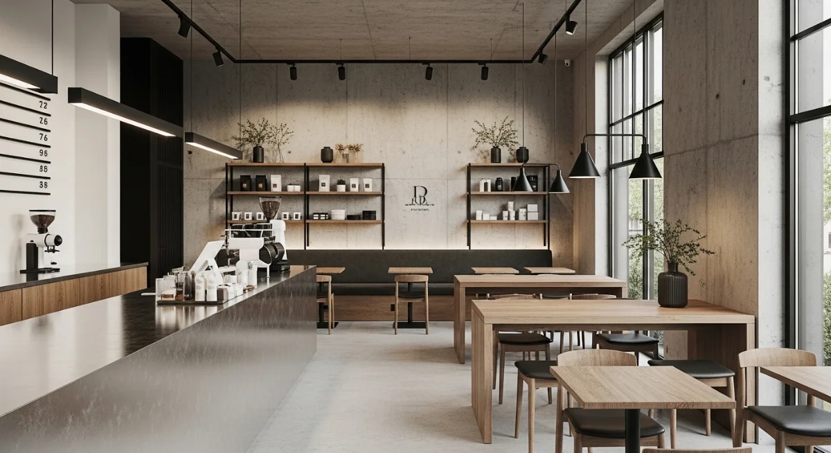 Không gian quán cà phê ấm cúng với sự kết hợp vật liệu gỗ tự nhiên và ánh sáng