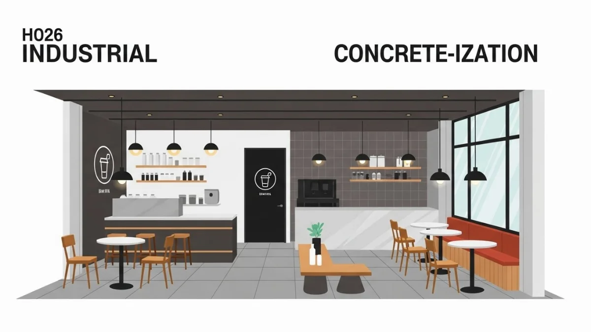 Nội thất phong cách Industrial với sàn bê tông và đồ nội thất kim loại