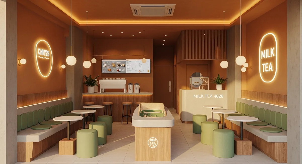 Màu sắc quán trà sữa 2026 hiện đại thu hút khách hàng trẻ check-in