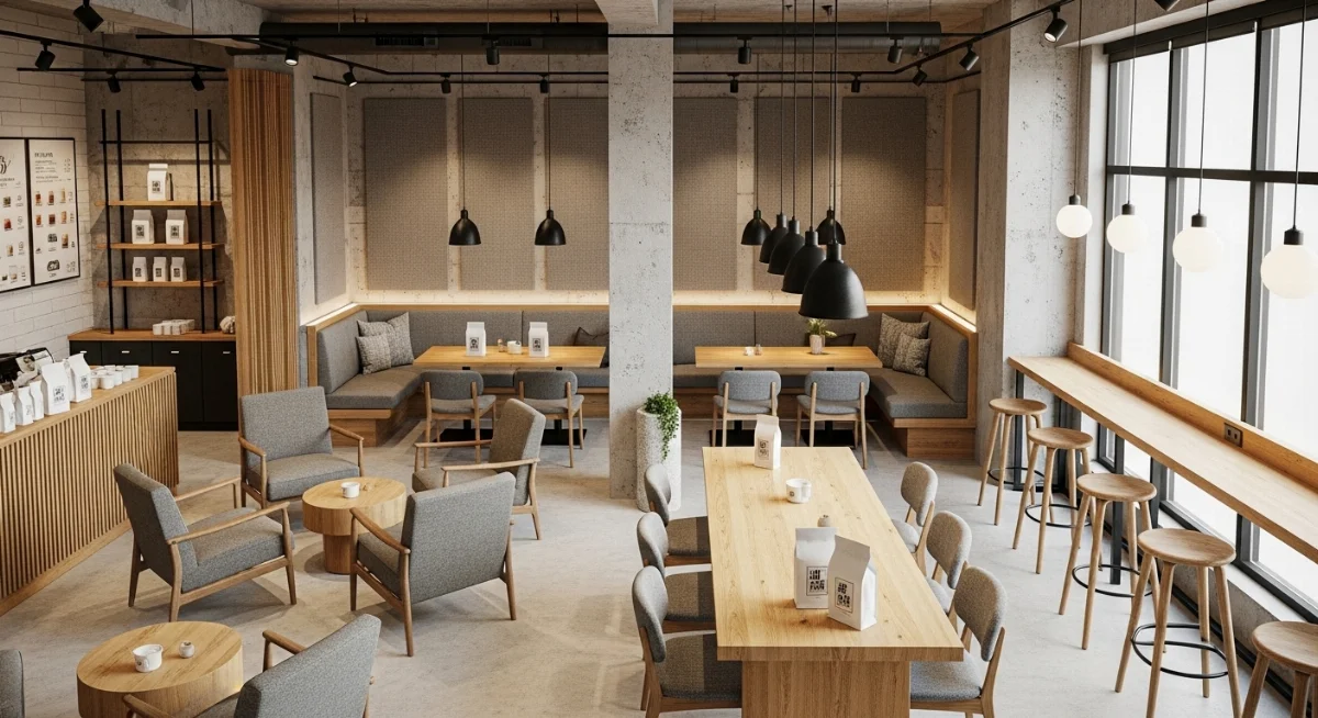 Một không gian quán cafe acoustic ấm cúng với sân khấu nhỏ và hệ thống đèn trang trí