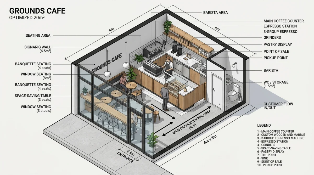 sơ đồ mặt bằng quán cà phê 20m2 - hình minh họa 2