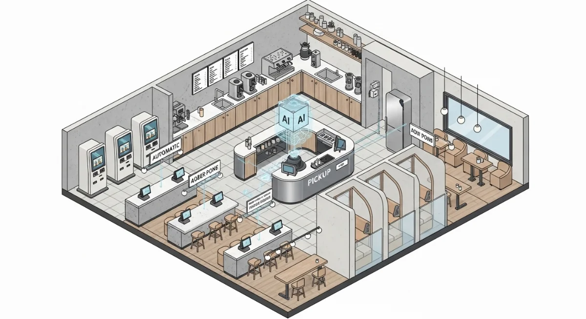 Khách hàng sử dụng kiosk tự phục vụ để order đồ uống tại quán cà phê