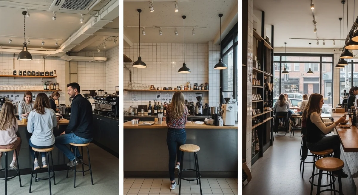 Không gian quán cà phê phong cách Acoustic ấm cúng với sân khấu nhỏ và ánh sáng vàng dịu