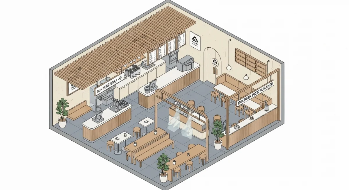 Cận cảnh quy trình thi công vật liệu chống nắng chuyên nghiệp tại quán trà sữa