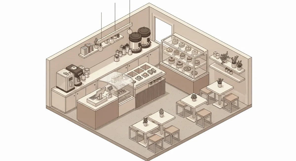 Ý tưởng thiết kế quán trà sữa nhỏ đẹp màu be với phong cách minimalist