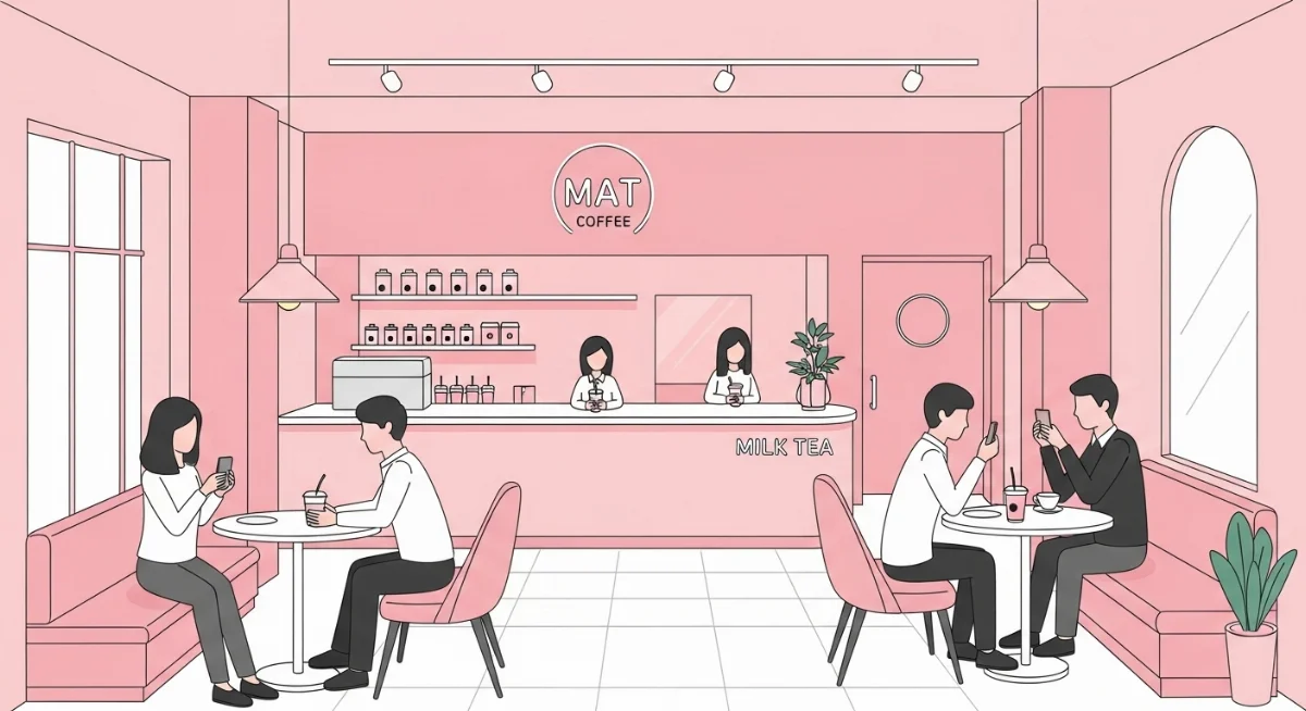 Khách hàng trẻ tuổi check-in tại quán trà sữa màu hồng pastel của MAT Coffee