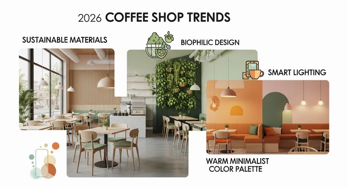 Không gian quán cà phê ấm cúng với tông màu đất và nội thất gỗ tự nhiên