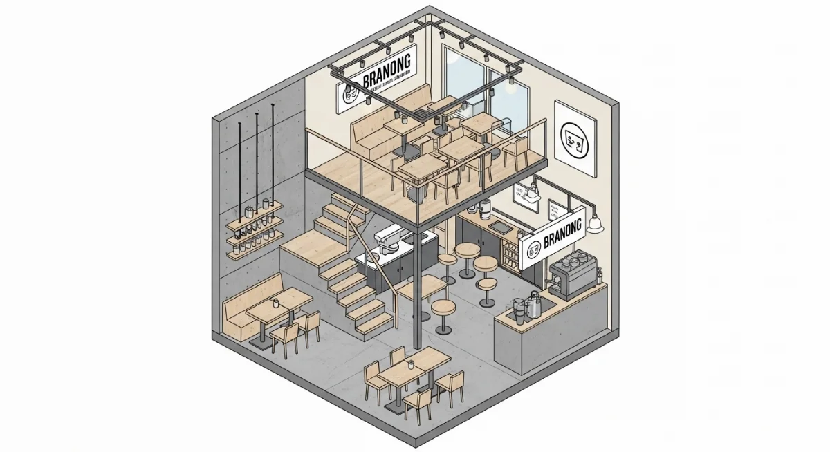 Thiết kế quán trà sữa 2 tầng có gác lửng tận dụng tối đa chiều cao