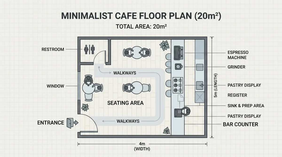 sơ đồ mặt bằng quán cà phê 20m2 - hình minh họa 4
