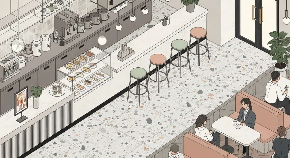 Gạch Terrazzo vân đá tự nhiên lát nền quán trà sữa sang trọng