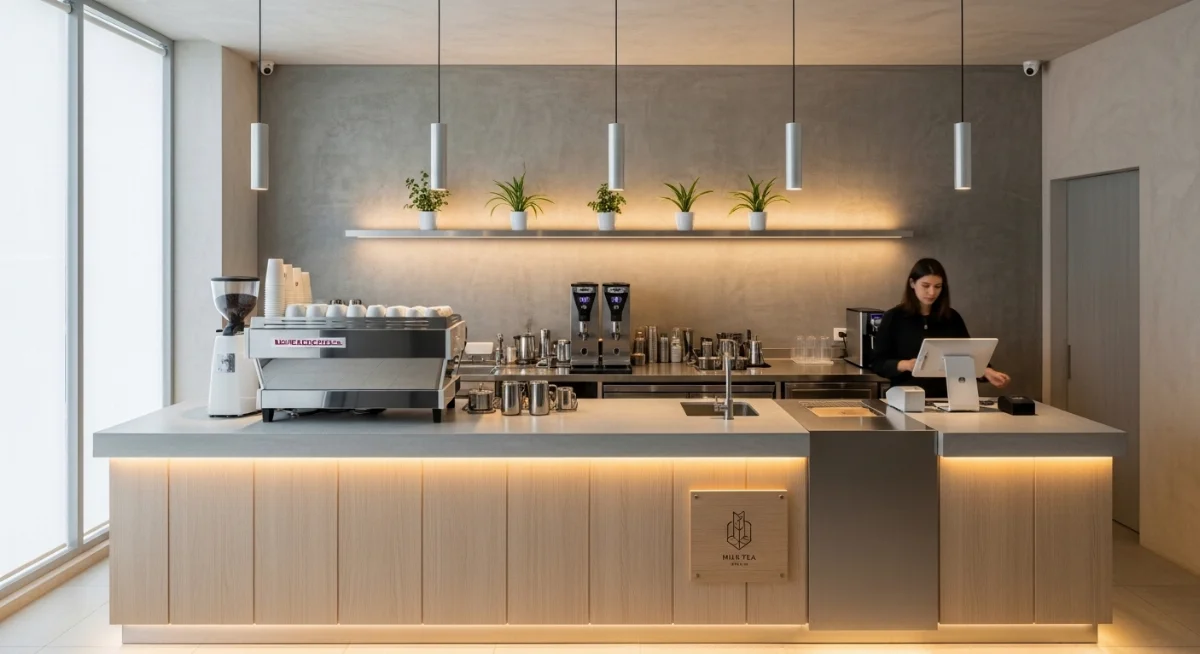 Thiết kế quầy bar mini 1.5m hiện đại cho không gian quán trà sữa nhỏ