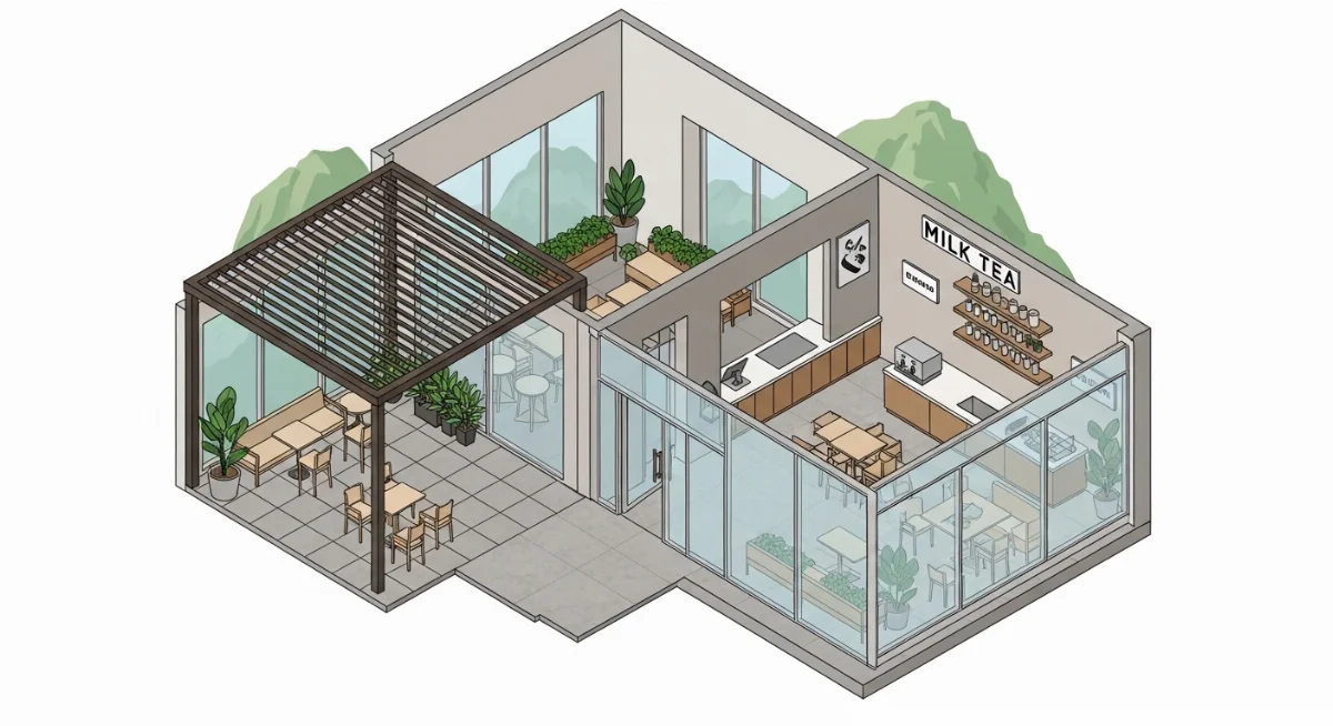 Dù che nắng cỡ lớn tạo không gian mát mẻ ngoài trời cho quán trà sữa view núi