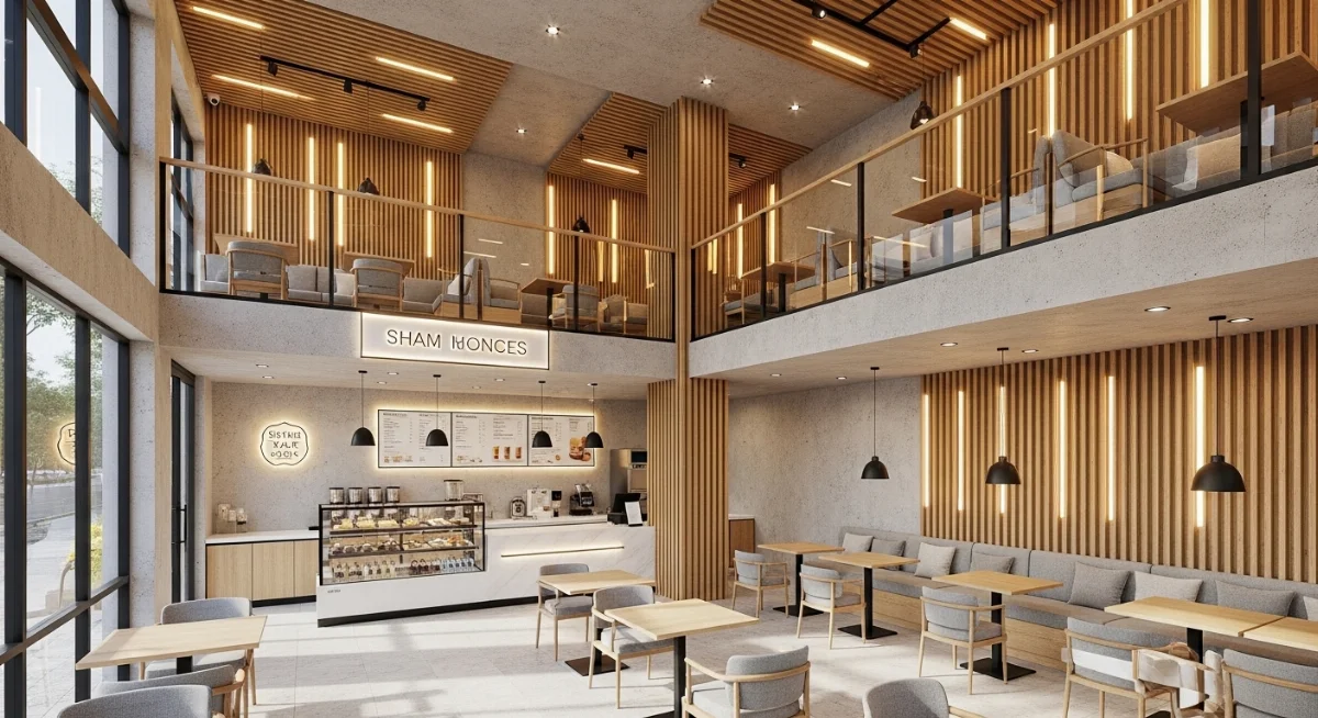 Phối cảnh ngoại thất quán trà sữa 2 tầng Sora Garden 35m2 hiện đại