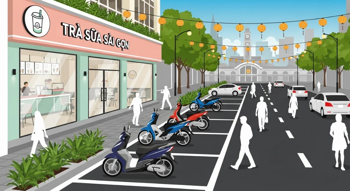 Khách hàng tìm kiếm bãi đậu xe quán trà sữa tiện lợi ở Bến Thành