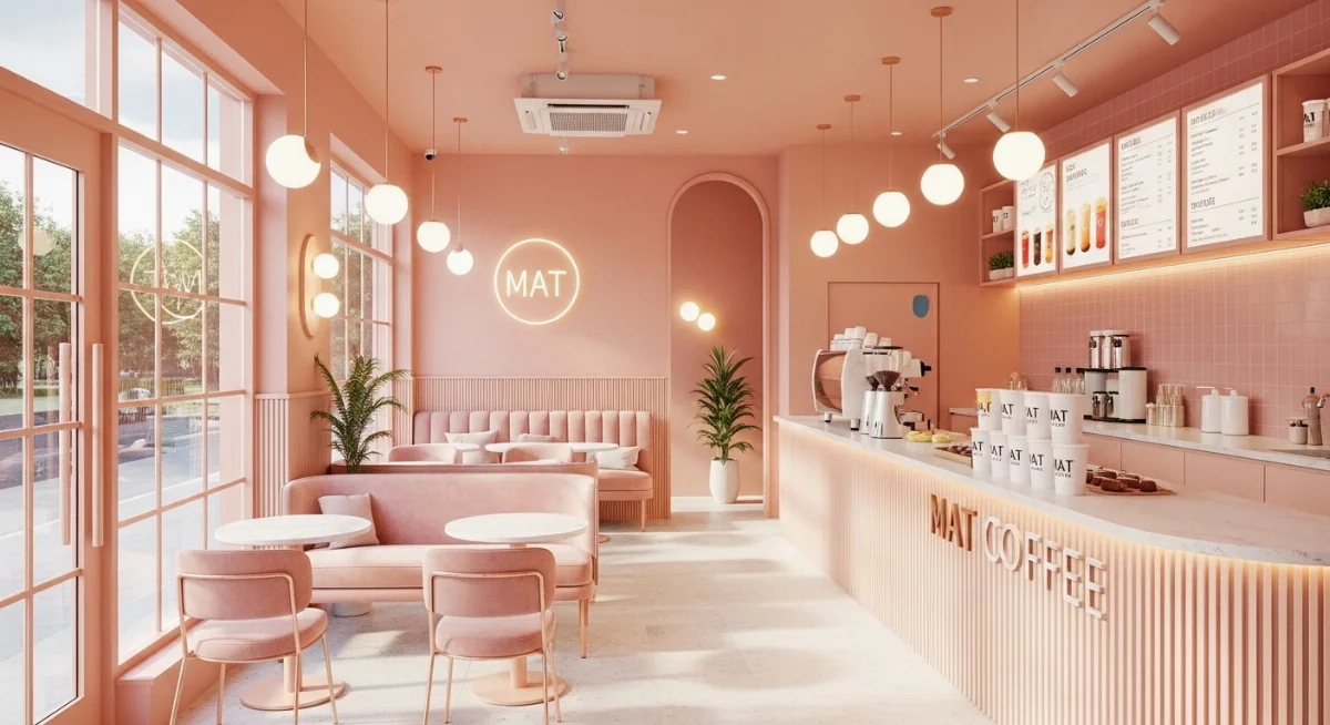 Không gian quán trà sữa màu hồng pastel MAT Coffee Quận 1 nổi bật