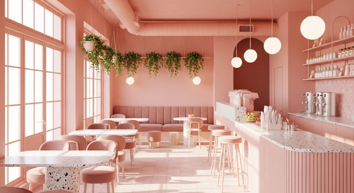 Thiết kế quán trà sữa màu hồng pastel hiện đại thu hút Gen Z