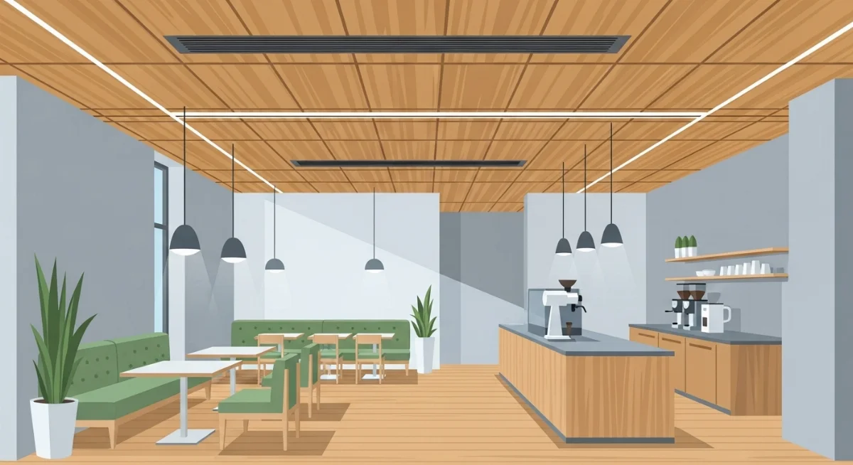 Thiết kế trần tiêu âm tích hợp đèn LED và điều hòa không khí hiệu quả