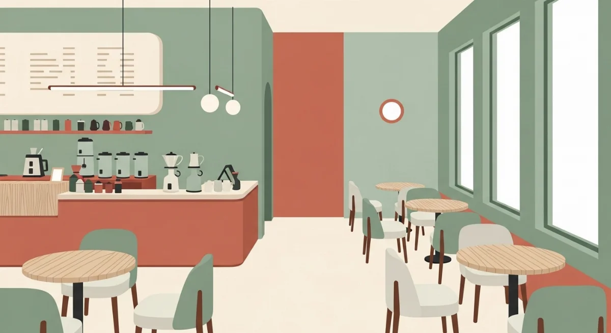 Các mẫu vật liệu bền vững như gỗ tái chế và gạch thủ công trong thiết kế quán cà phê