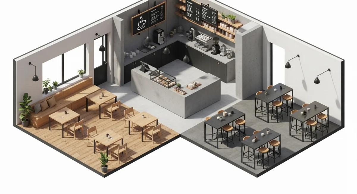 Nội thất quán cà phê với chi tiết kim loại sắc sảo, tạo điểm nhấn hiện đại và sang trọng