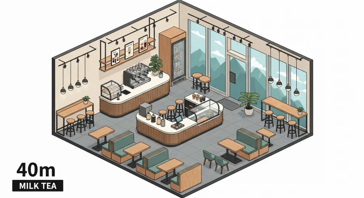 Nội thất quán trà sữa Anh Hưng 40m2 với phong cách hiện đại