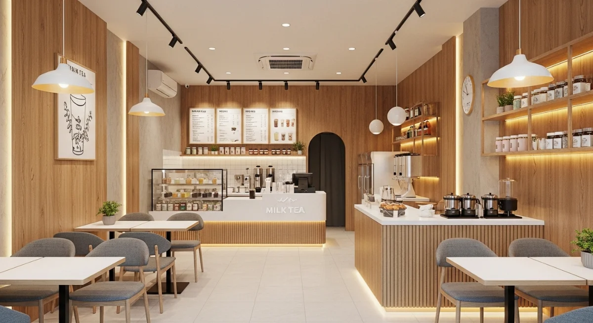 Thiết kế nội thất quán trà sữa hiện đại với gỗ công nghiệp chống ẩm