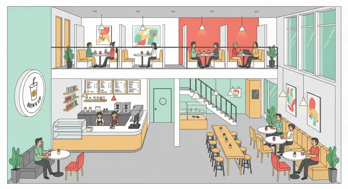 Thiết kế nội thất quán trà sữa 2 tầng diện tích 35m2 với bố cục thông minh