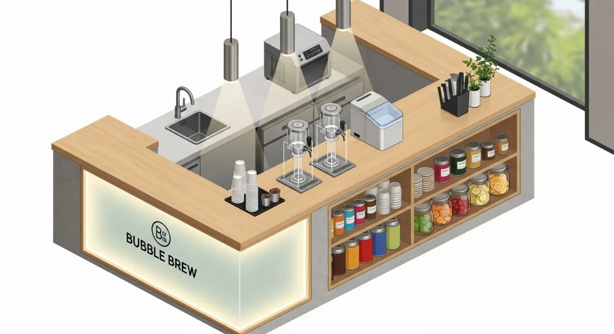 Mẫu quầy trà sữa đẹp 2026 với thiết kế hiện đại và vật liệu cao cấp