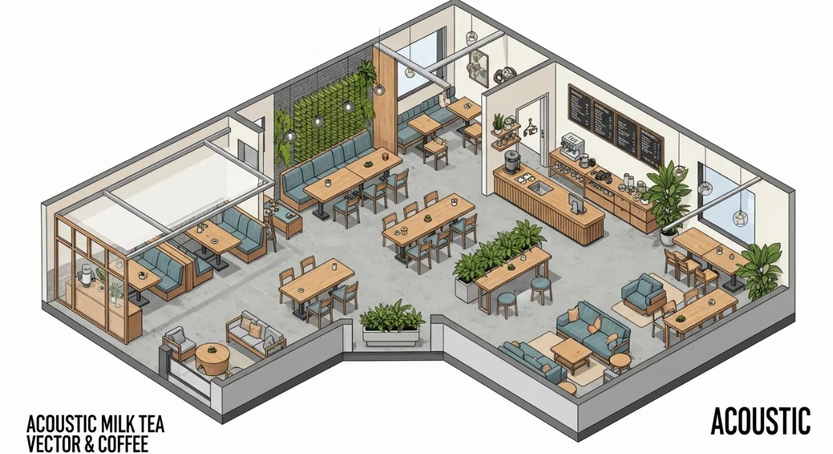 Hệ thống âm thanh chuyên nghiệp với loa và micro trên sân khấu quán cafe acoustic