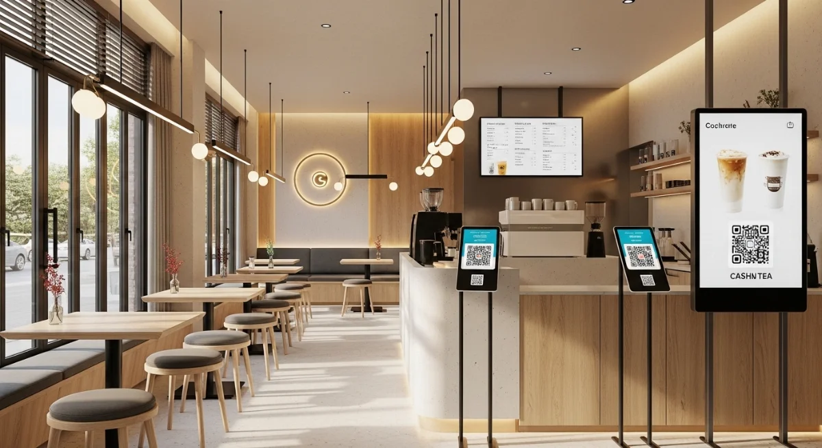Không gian quán cà phê 4.0 hiện đại với màn hình hiển thị order QR