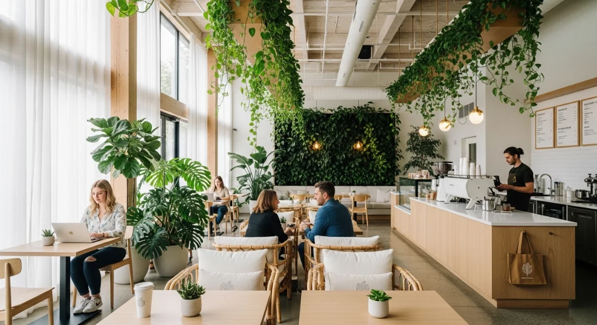 Thiết kế cafe sân vườn xanh mát với cây cối và ánh sáng tự nhiên