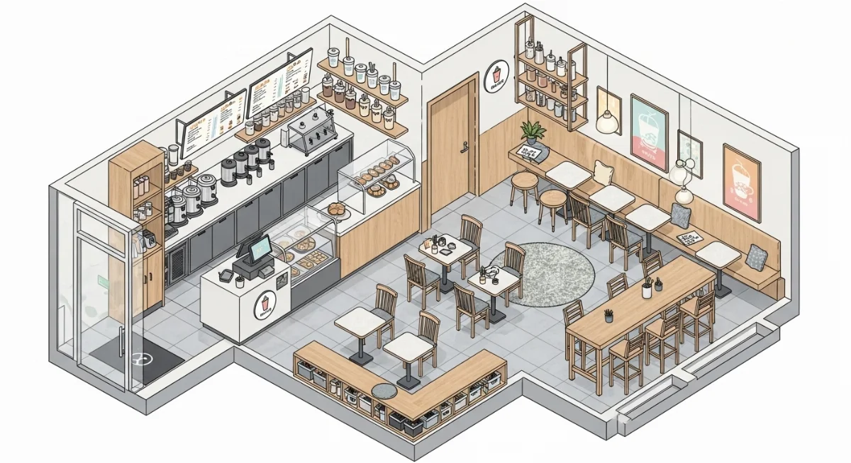 Phối màu sắc và vật liệu hài hòa trong thiết kế quán cafe nhỏ hiện đại