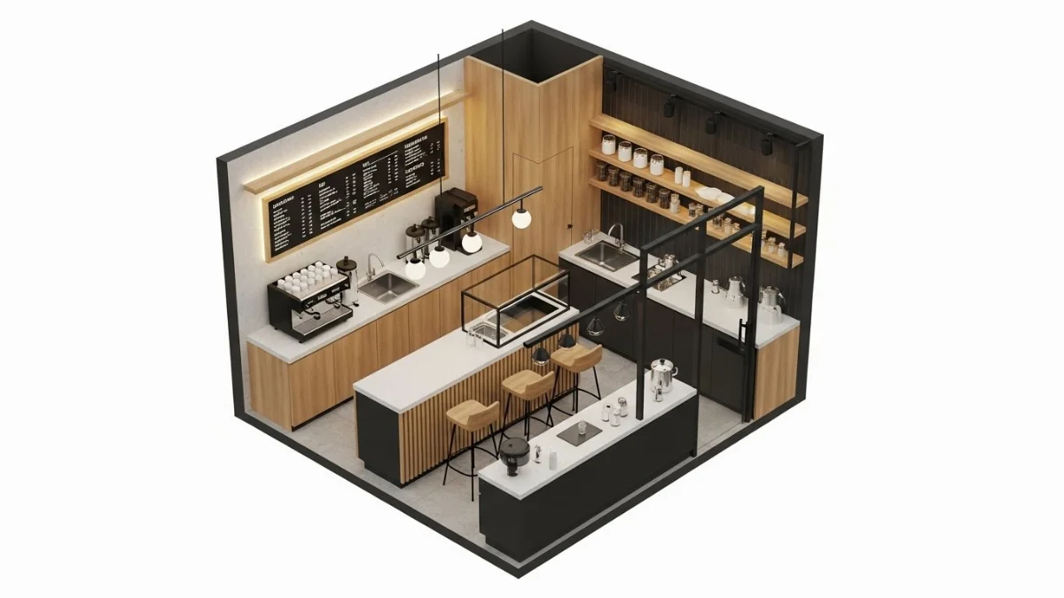 Bản vẽ thiết kế quầy pha chế take away gỗ công nghiệp