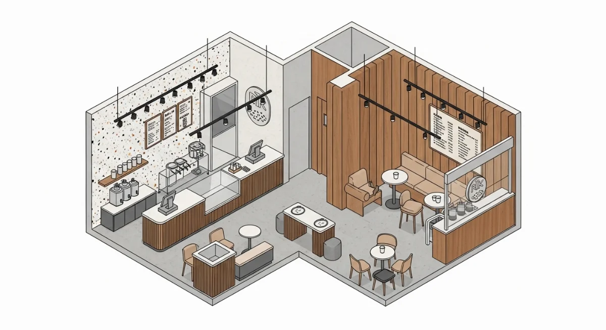 Bảng so sánh chi tiết ưu nhược điểm của Terrazzo và gỗ công nghiệp cho quán trà sữa