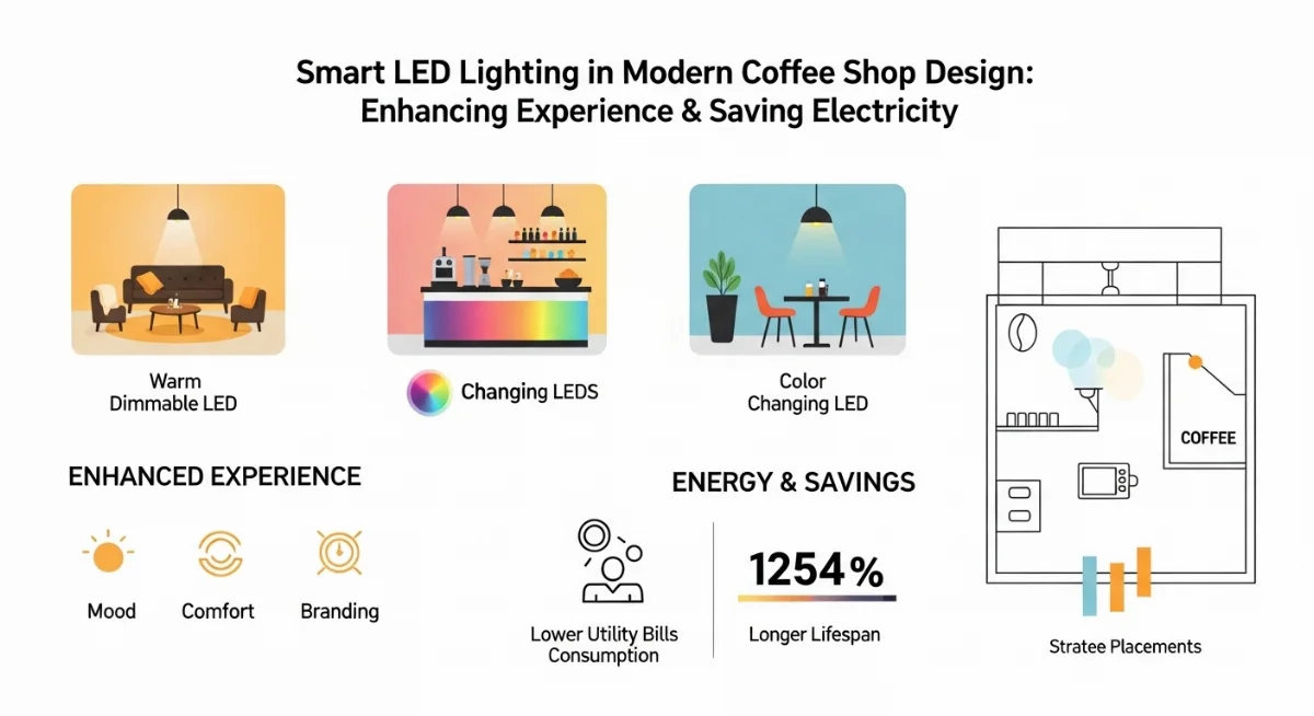 Thiết kế quán cà phê với đèn LED thông minh tạo các khu vực ánh sáng ấn tượng