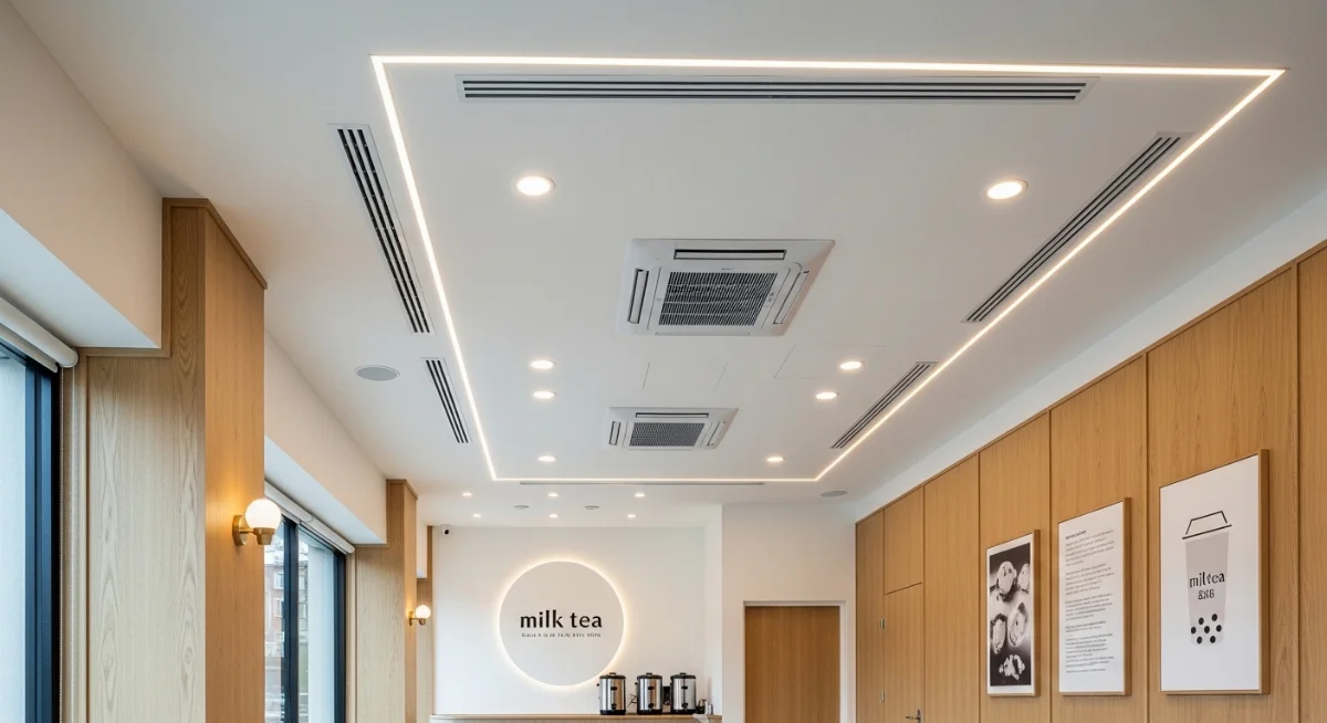 Trần thả tiêu âm hiện đại cho quán trà sữa, không gian yên tĩnh, mát mẻ