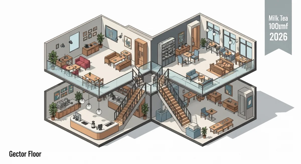 Thiết kế nội thất quán trà sữa 2026 với phong cách độc đáo cho từng tầng