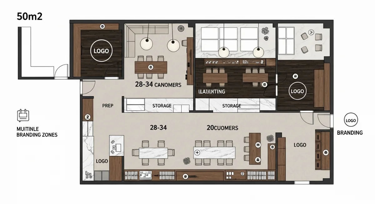 Mẫu sơ đồ bố trí mặt bằng quán nước 40m2 hiệu quả theo chuẩn 1.5m2/khách